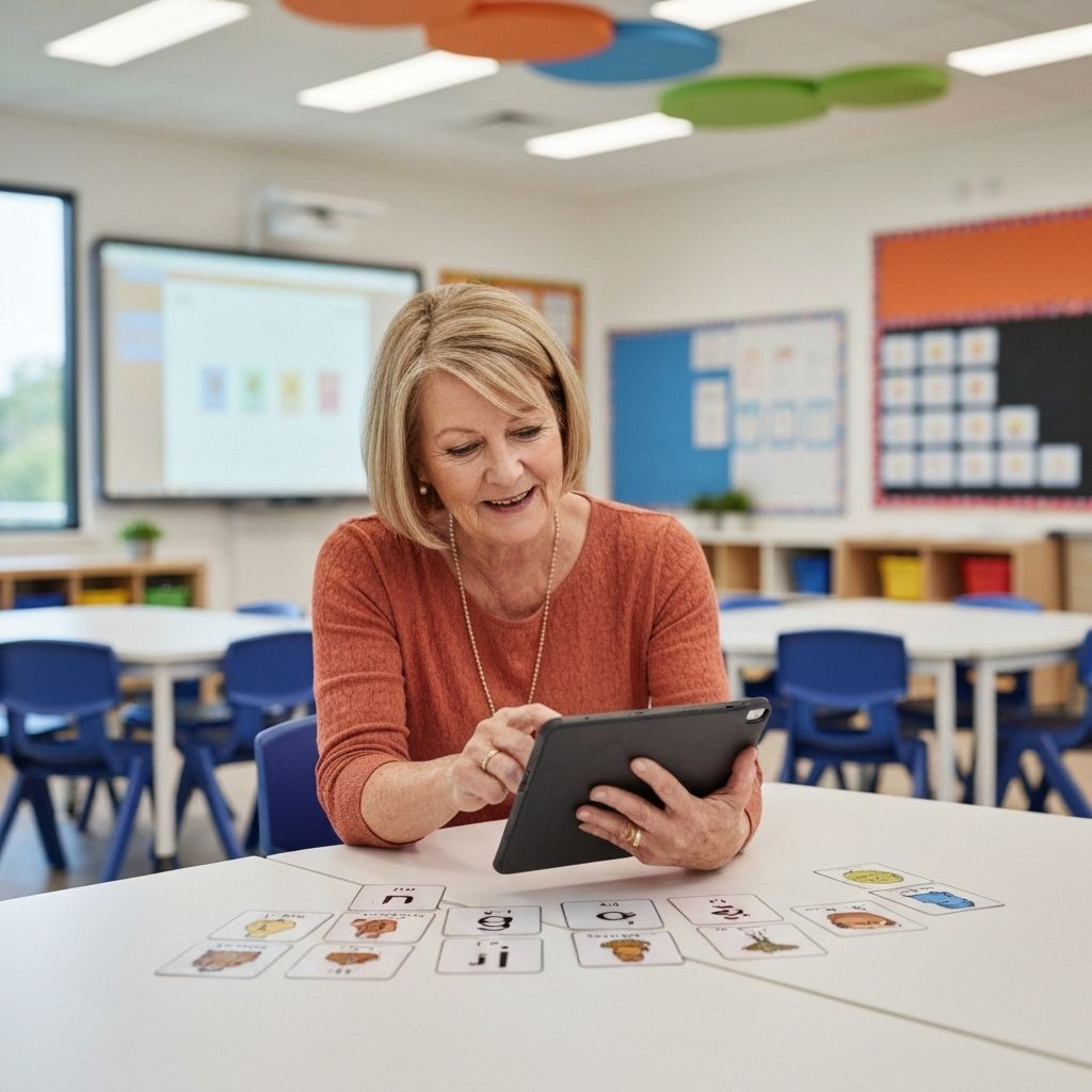 Teacher using phonics learning app with students